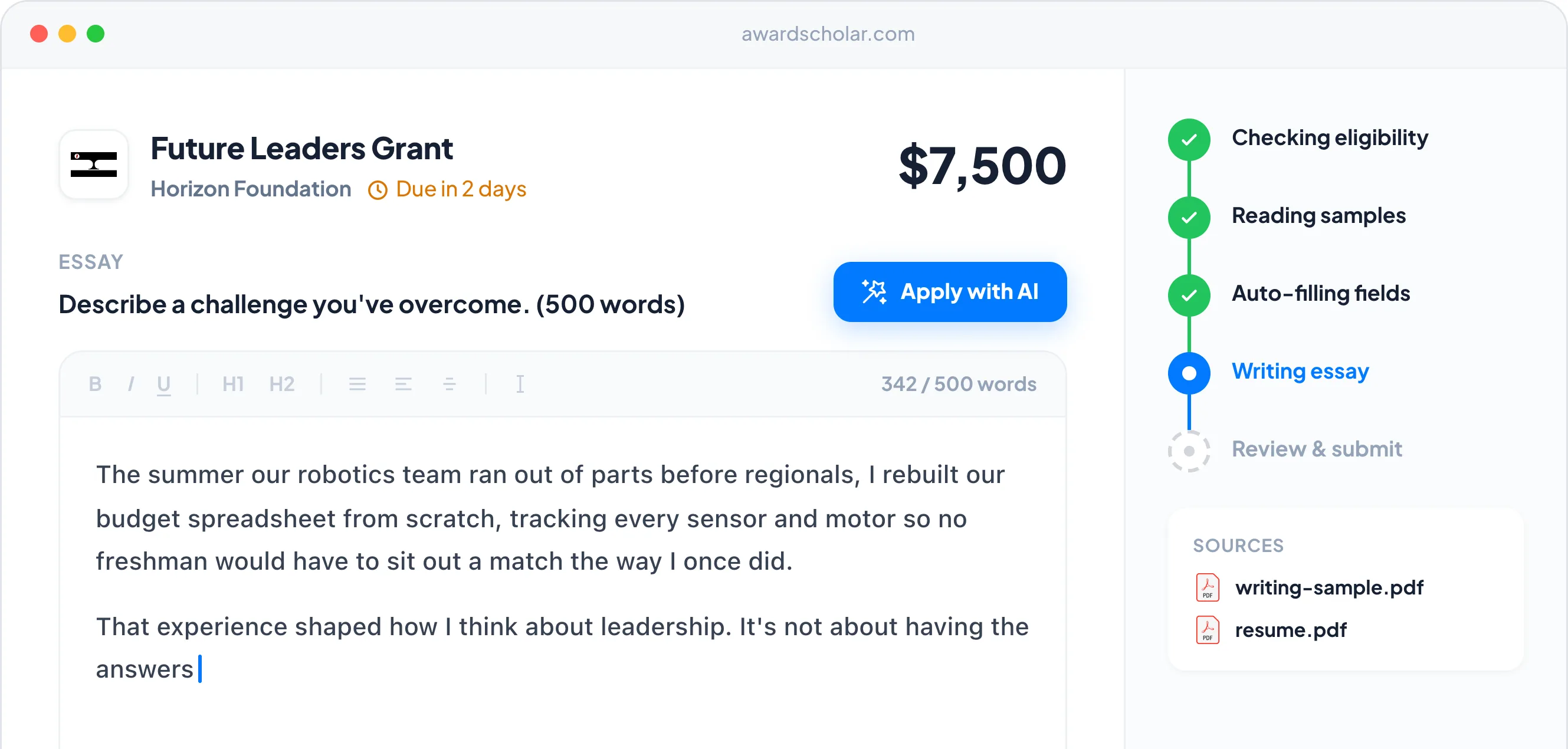 Award Scholar application page showing AI-generated essay and auto-filled scholarship application